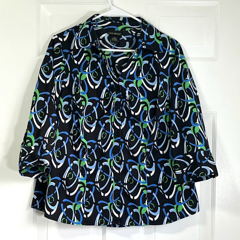 Lane Bryant Black Green White Abstract Botton Down Flared Blouse Size Plus 14-16